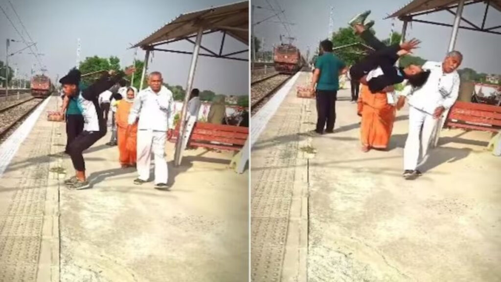 Boy stunt on railway platform